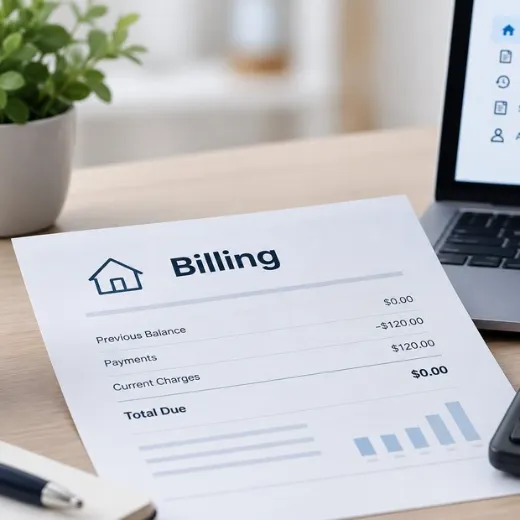A home security bill and statement on a desk